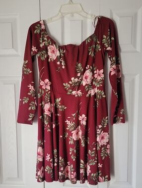 Nine Britton Burgundy Long-Sleeve Floral Dress with Pink Blossoms
